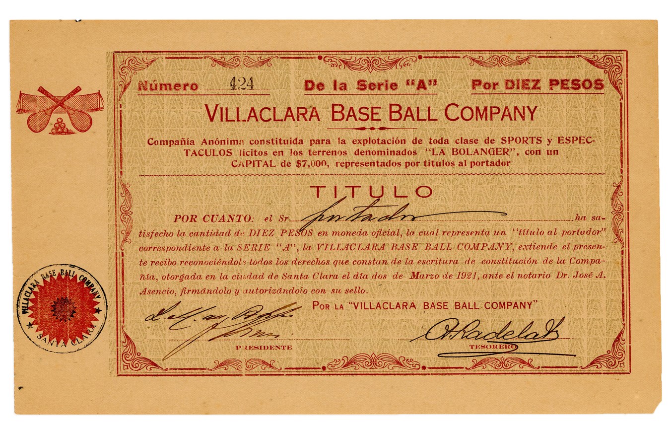 Negro League, Latin, Japanese & Int'l Baseball - 1921 Villa Clara Baseball Company Cuban Stock Certificate