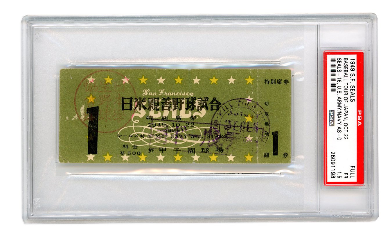 Negro League, Latin, Japanese & Int'l Baseball - 1949 Lefty O'Doul Day Full Ticket from SF Seals Tour of Japan (PSA/DNA 1.5)