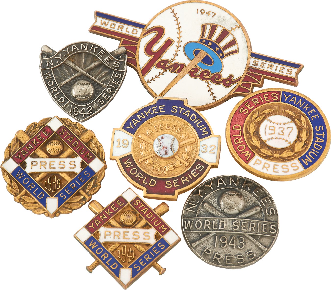 - 1930s-40s New York Yankees World Series Press Pins (7)