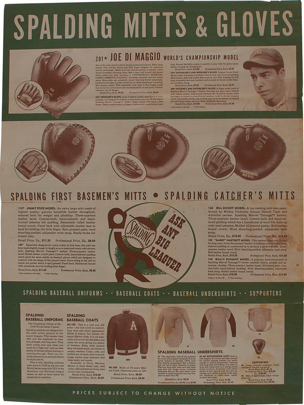 NY Yankees, Giants & Mets - 1939 Joe DiMaggio Spalding Advertising Poster