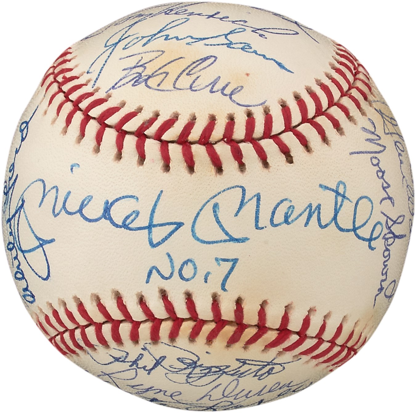 NY Yankees, Giants & Mets - 1950s New York Yankee World Series Champions Signed Baseball - Mickey Mantle No. 7 on Sweet Spot