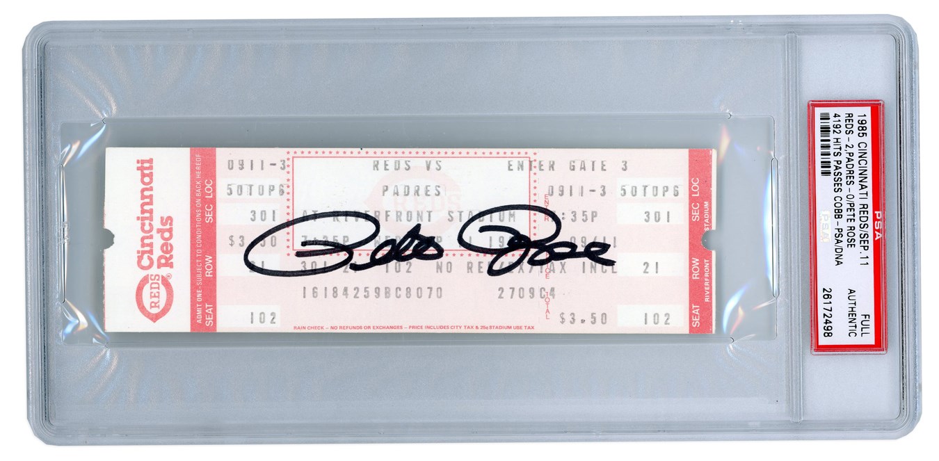 Pete Rose & Cincinnati Reds - Pete Rose Vintage-Signed 4192 Full Ticket (PSA)