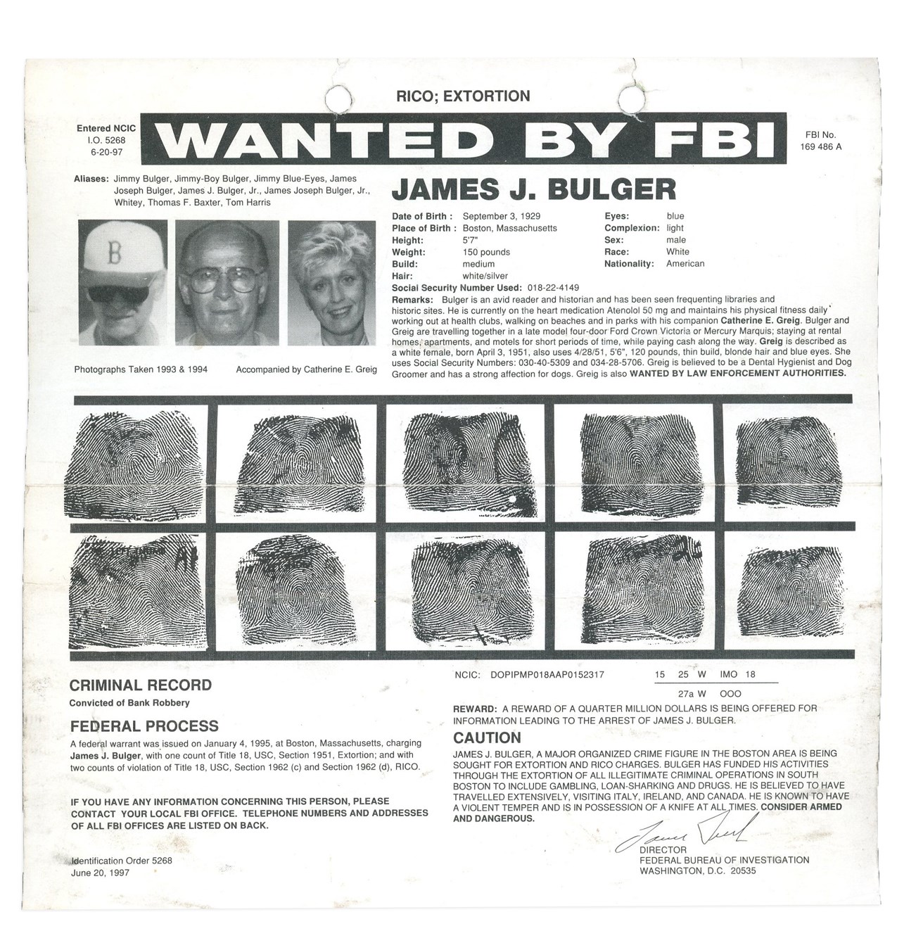 Pop Culture Autographs - 1990s Whitey Bulger Set of Three Trilingual Wanted Posters