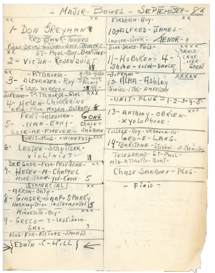 Pop Culture Autographs - 1935 Frank Sinatra "Hoboken Four" Setlist from Major Bowes Amateur Hour - "American Treasures" Library of Congress Missing Link