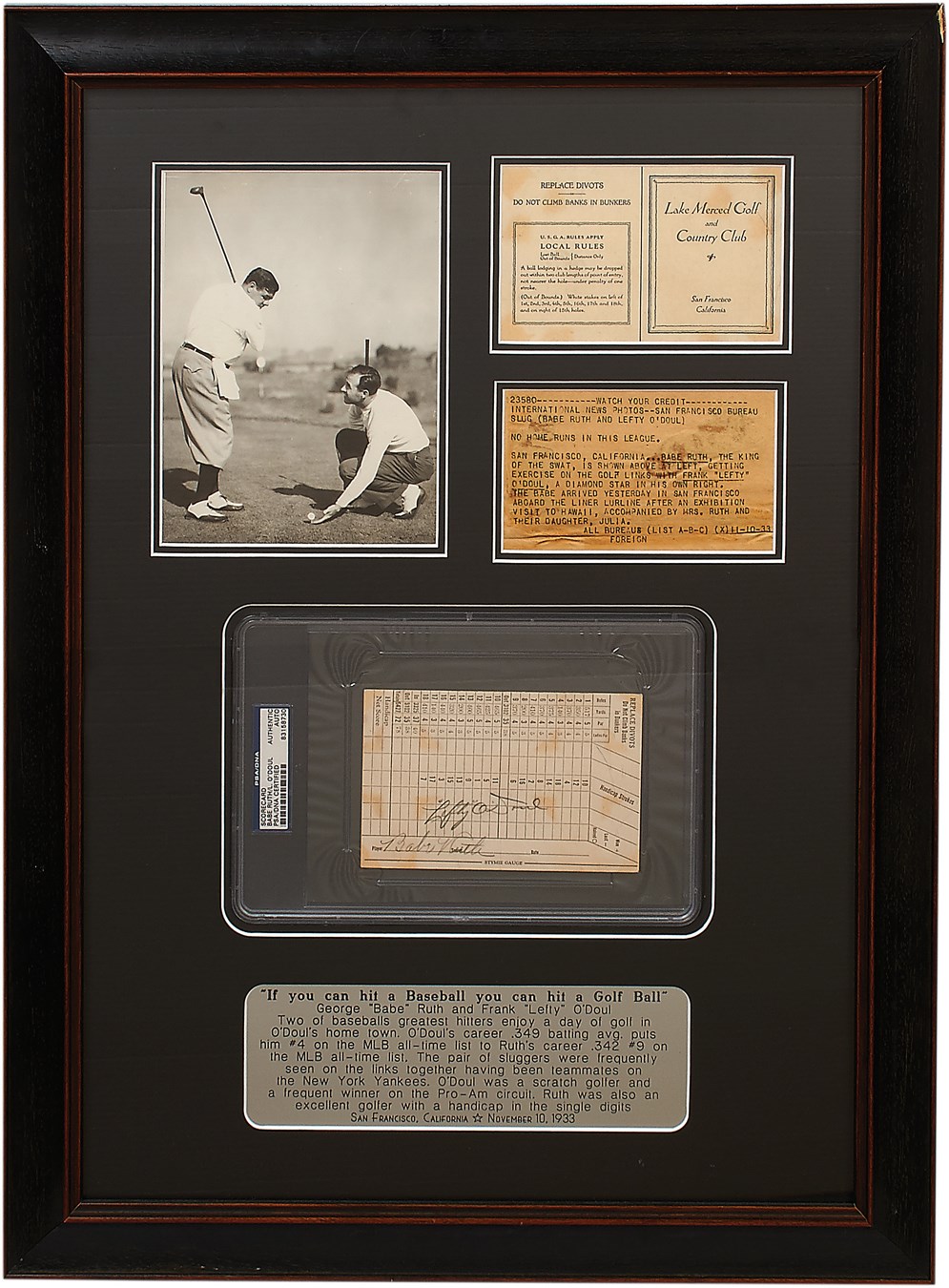Ruth and Gehrig - 1933 Babe Ruth & Lefty O'Doul Signed Golf Scorecard Display (PSA)