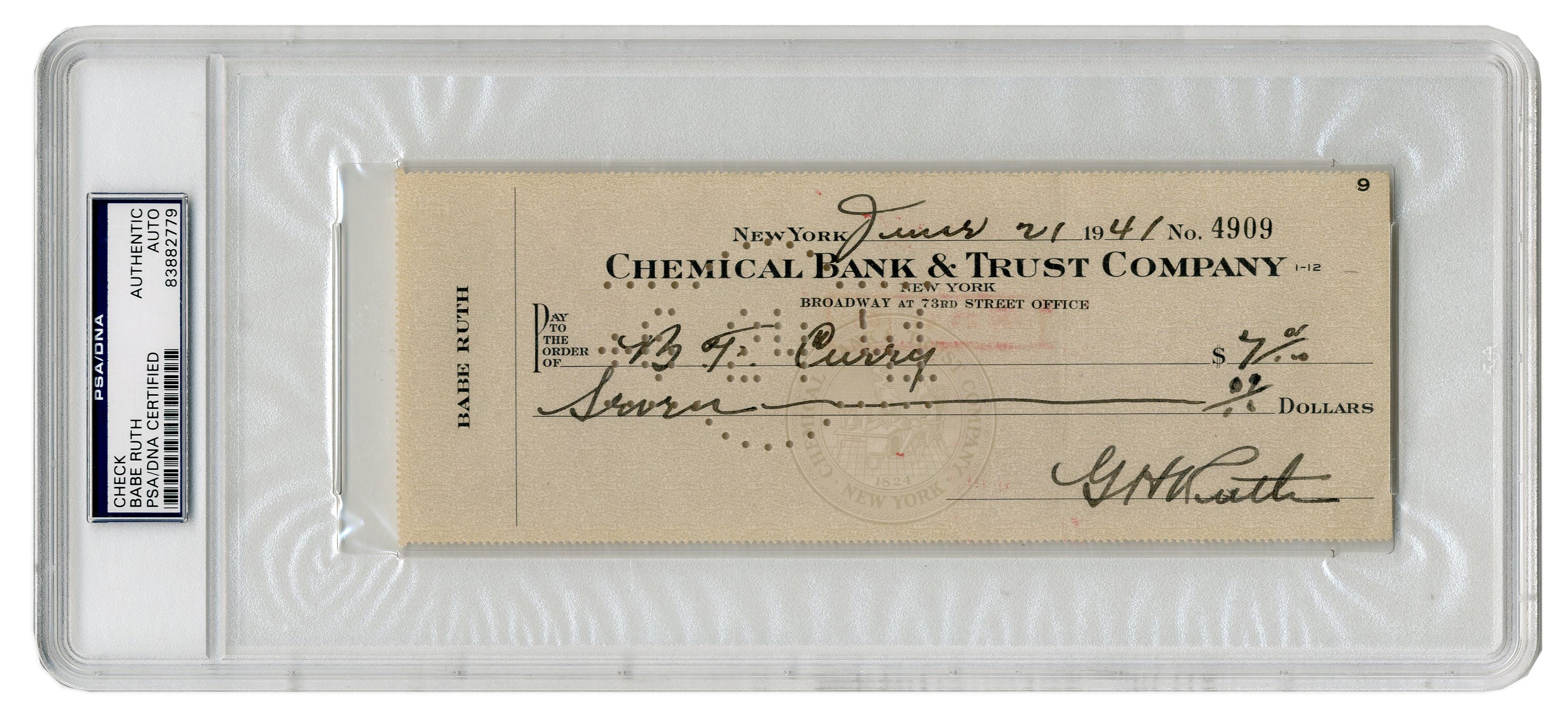 1941 Babe Ruth Signed Bank Check PSA/DNA
