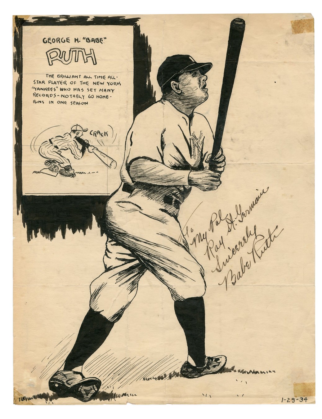 Ruth and Gehrig - 1934 Babe Ruth Signed Original Artwork (JSA)
