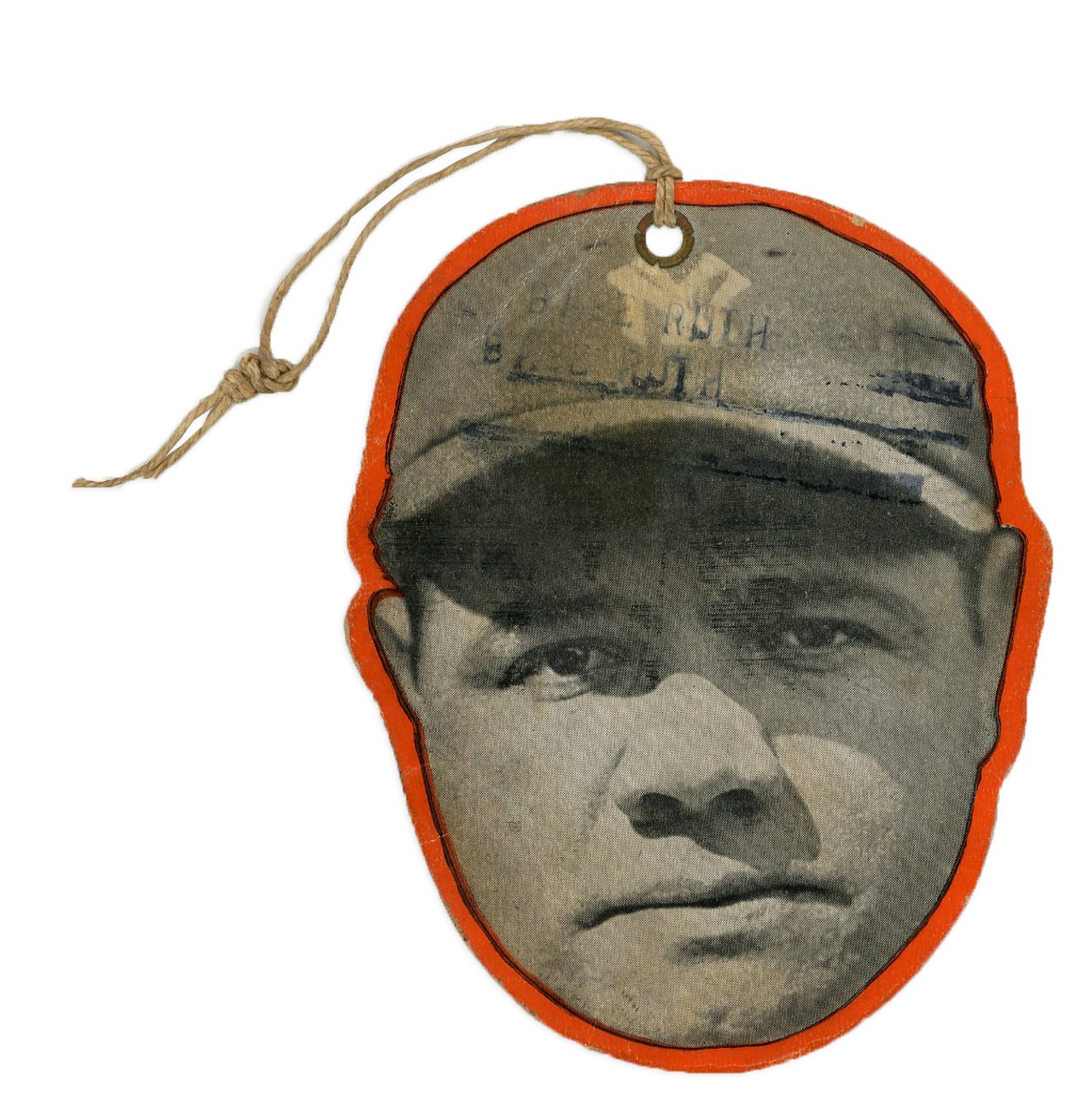 Babe Ruth 1920s Reach Large Die-Cut Illustrated Equipment Tag in the Shape of Ruth's Head