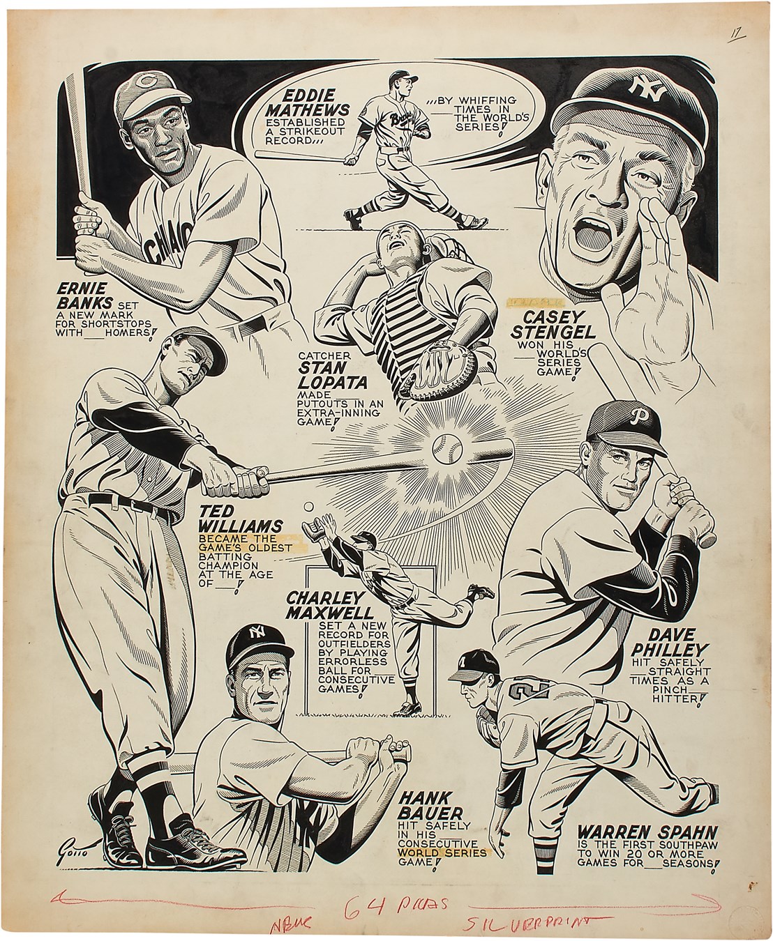 Sports Fine Art - 1958 Ted Williams, Ernie Banks, Casey Stengel, Warren Spahn "Records" by Ray Gotto - Published in The Sporting News