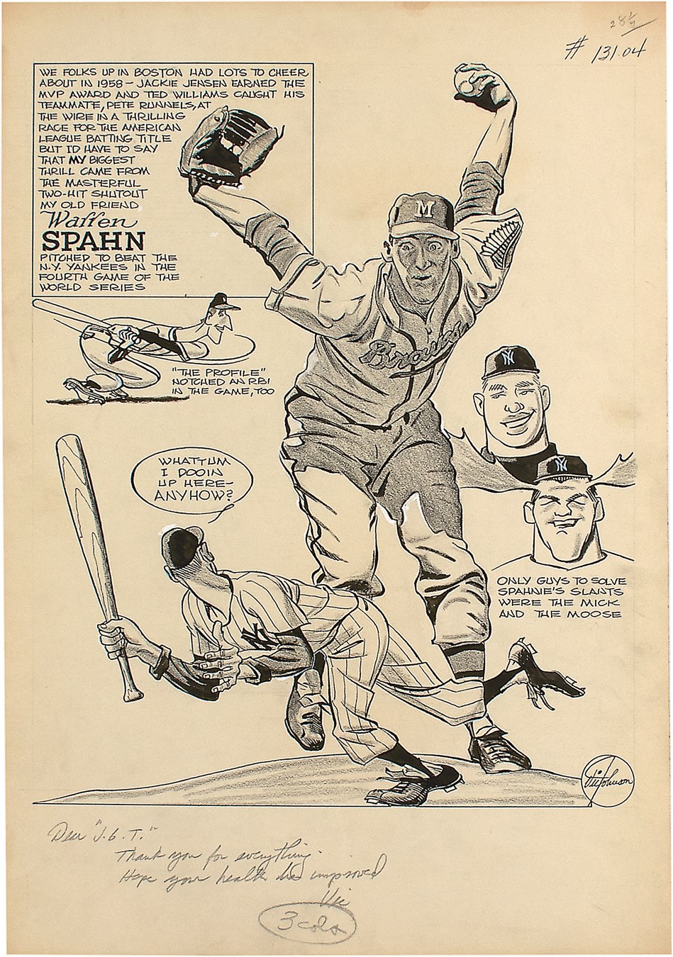 1958 World Series Mickey Mantle & Warren Spahn Original Art - Published in The Sporting News