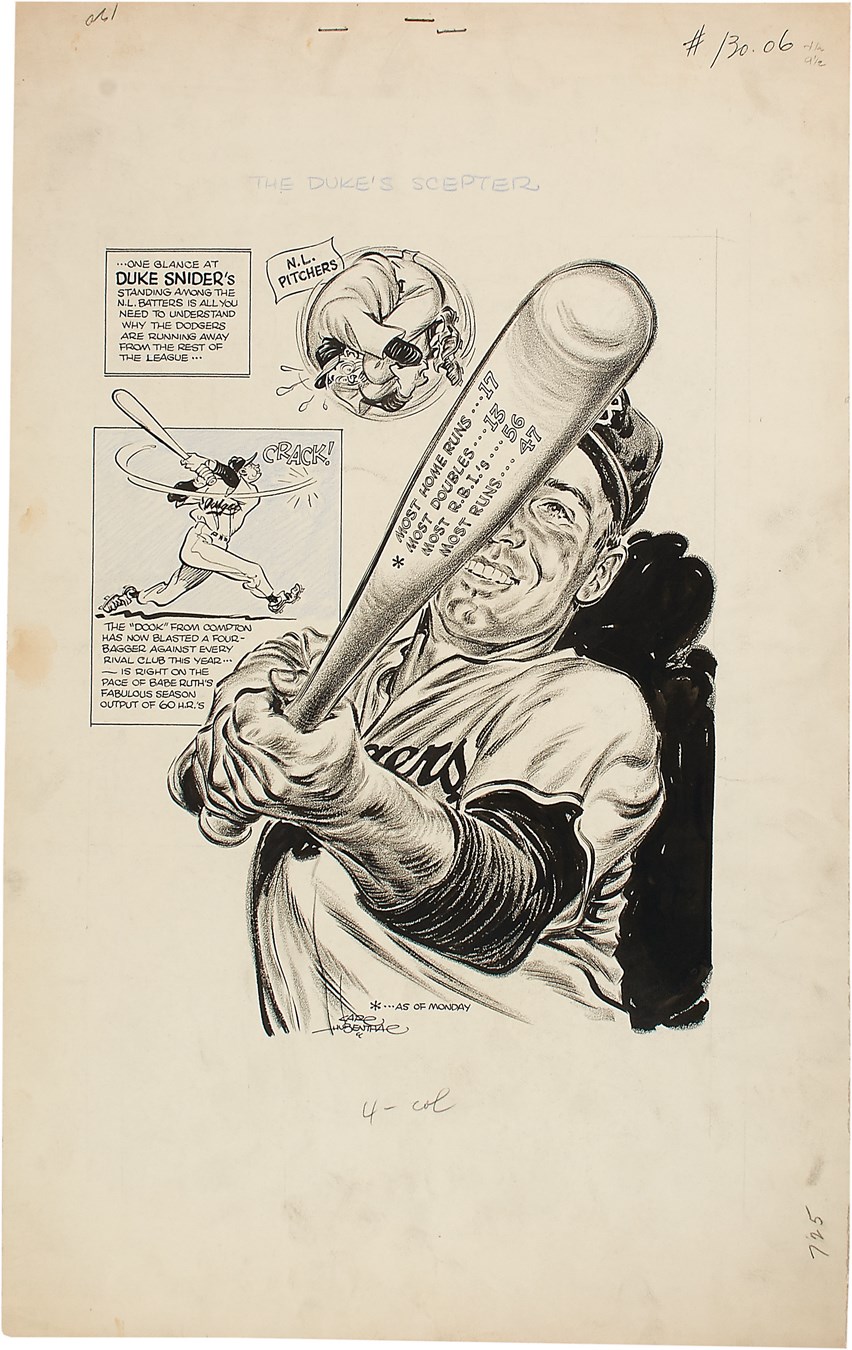Sports Fine Art - Duke Snider 1955 World Champion Brooklyn Dodgers Original Art by Karl Hubenthal - Published in The Sporting News