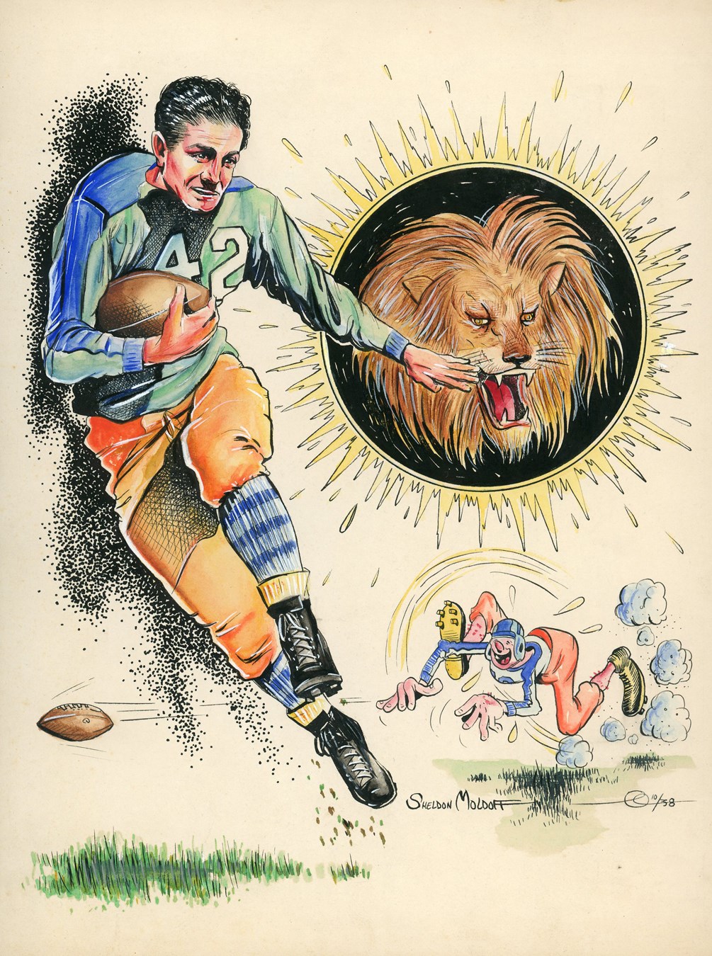 Sports Fine Art - 1938 Detroit Lions Pen & Ink Illustration by Early Batman Artist Sheldon Moldoff