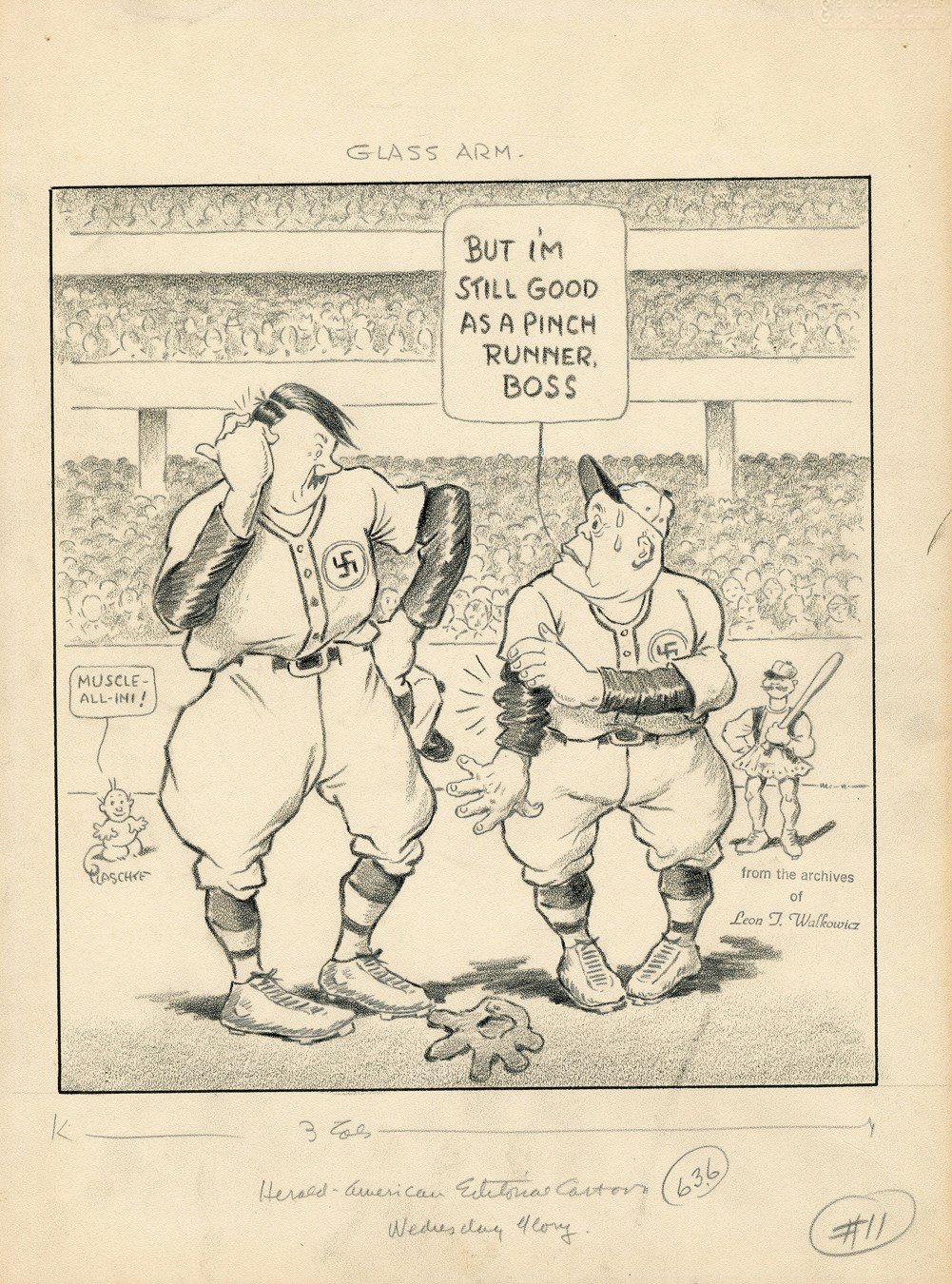 1942 Anti-Axis Baseball Original Cartoon Art by Plaschke