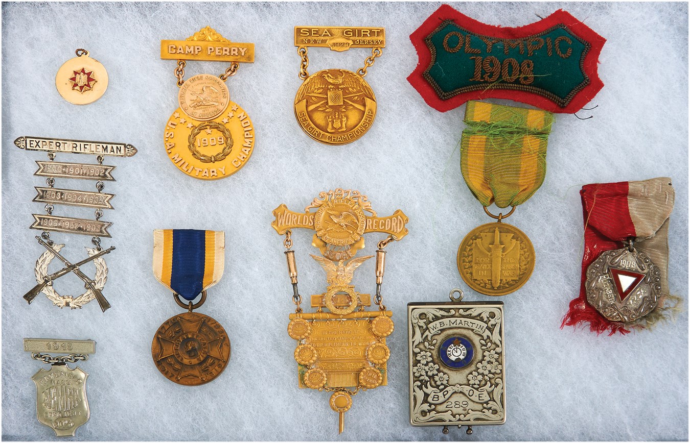 Sports Rings And Awards - Awesome Collection of Sharpshooting & Military Medals, Badges & Patches from 1908 Gold Medal Olympian (140+ pieces)