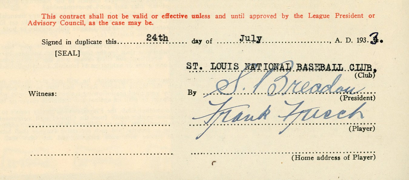 St. Louis Cardinals - 1934 Frankie Frisch St. Louis Cardinals Signed Player-Manager Contract (JSA)