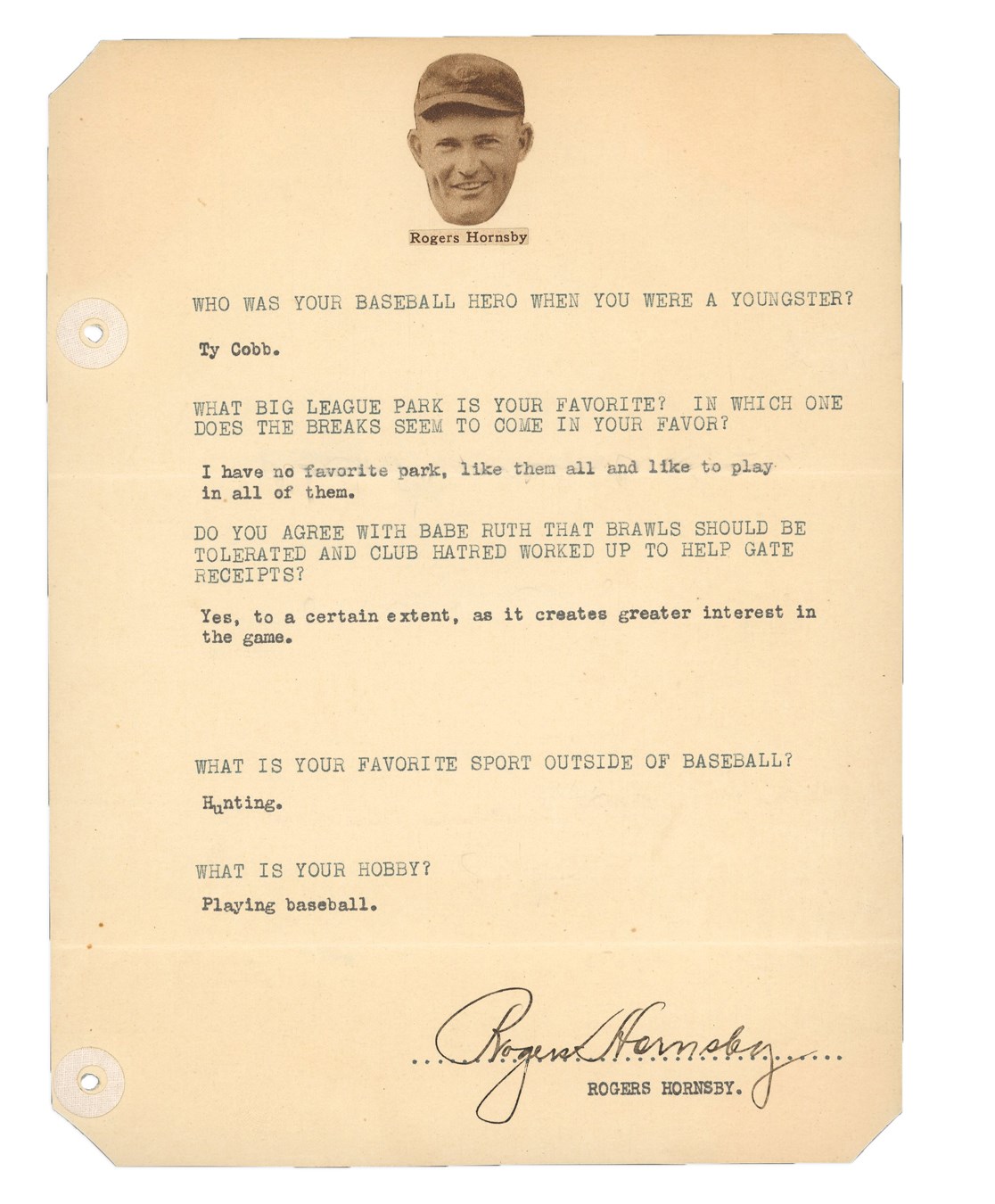 St. Louis Cardinals - Rogers Hornsby Signed Questionnaire with Cobb Content (JSA)