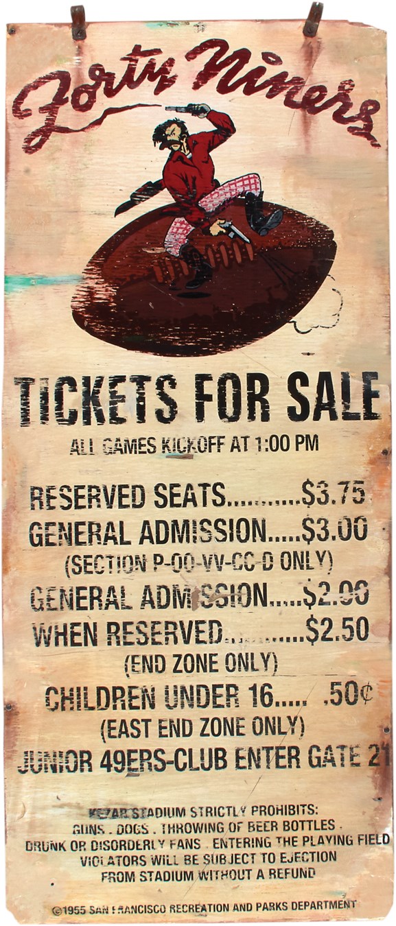 1955 San Francisco 49ers Kezar Stadium Handpainted Wood Ticket Sign