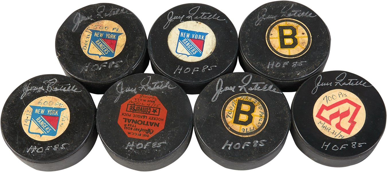 The Great Jean Ratelle Hockey Collection - Jean Ratelle NHL Career Points and Assists Milestone Pucks (7)
