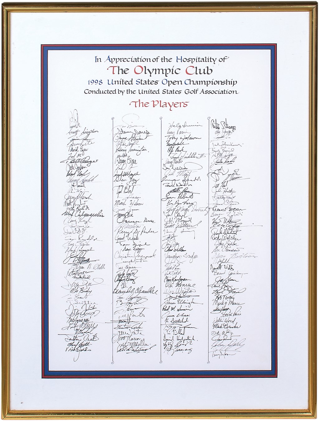 1998 U.S. Open Signed Display with All 155 Players Including Payne Stewart