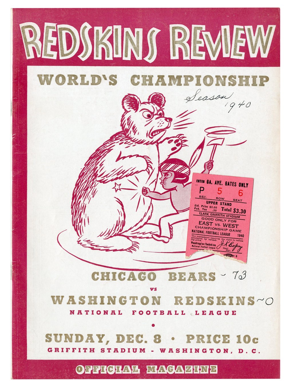 Tickets, Publications & Pins - Classic 1940 NFL Championship Game Program & Ticket & More (73-0)
