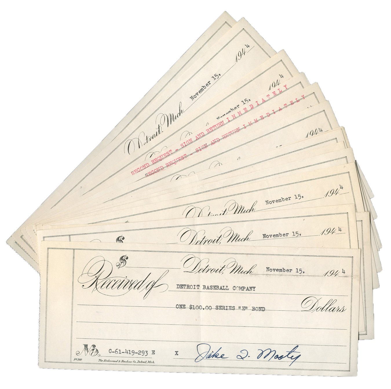 Ty Cobb and Detroit Tigers - 1944 Detroit Tigers Signed War Bond Receipts (33)