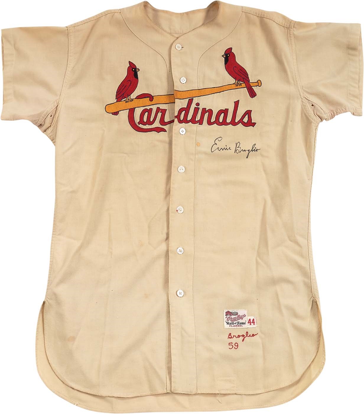 - 1959 Ernie Broglio Game Worn St. Louis Cardinals Rookie Jersey w/Flannel Pants & Stirrups