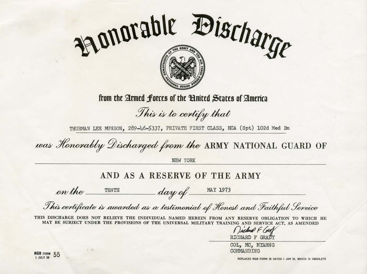 NY Yankees, Giants & Mets - 1973 Thurman Munson U.S Army National Guard Honorable Discharge Certificate (ex-Munson Collection & Munson LOA)