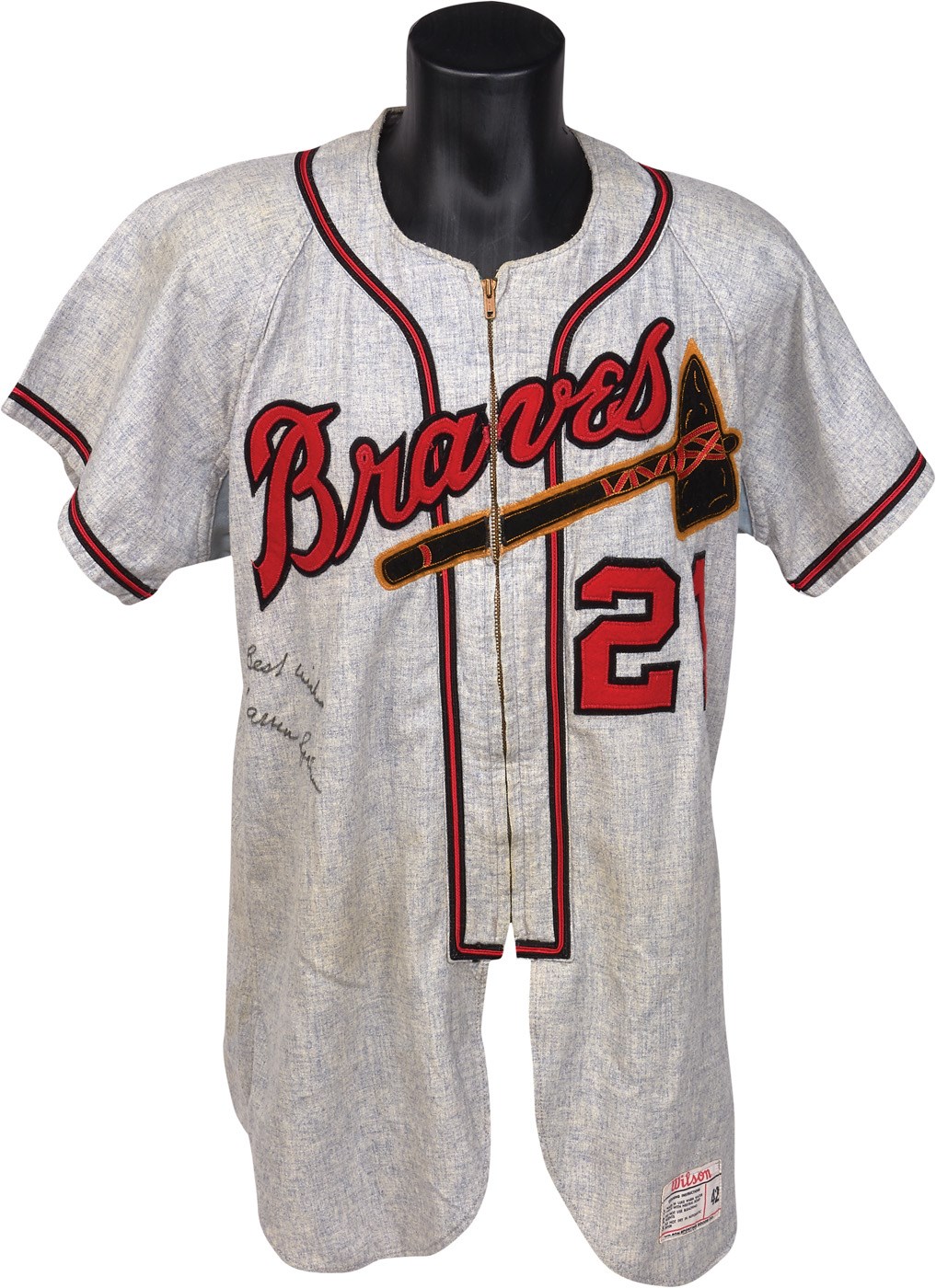 - 1962 Warren Spahn Milwaukee Braves Game Worn Jersey with LOA from Spahn (MEARS 9.5)