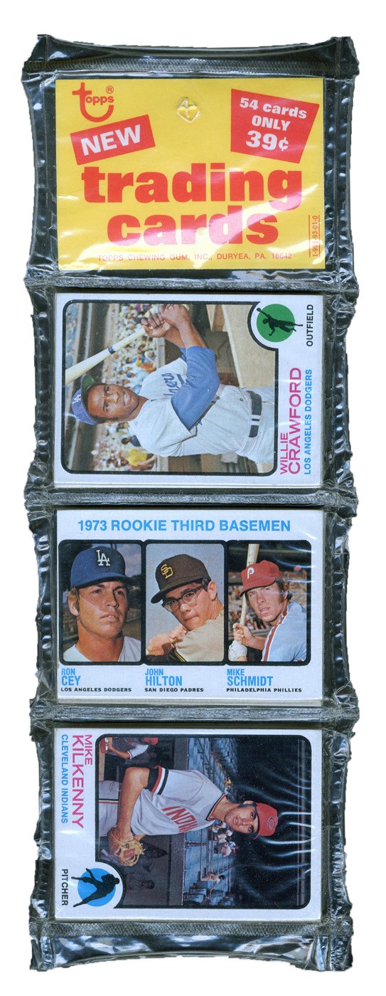 - 1973 Topps Baseball Unopened High Number Rack Pack with Mike Schmidt Rookie on Top!