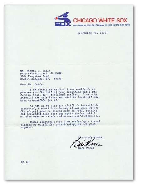 - 1979 Bill Veeck Greatest Thrill Signed Letter