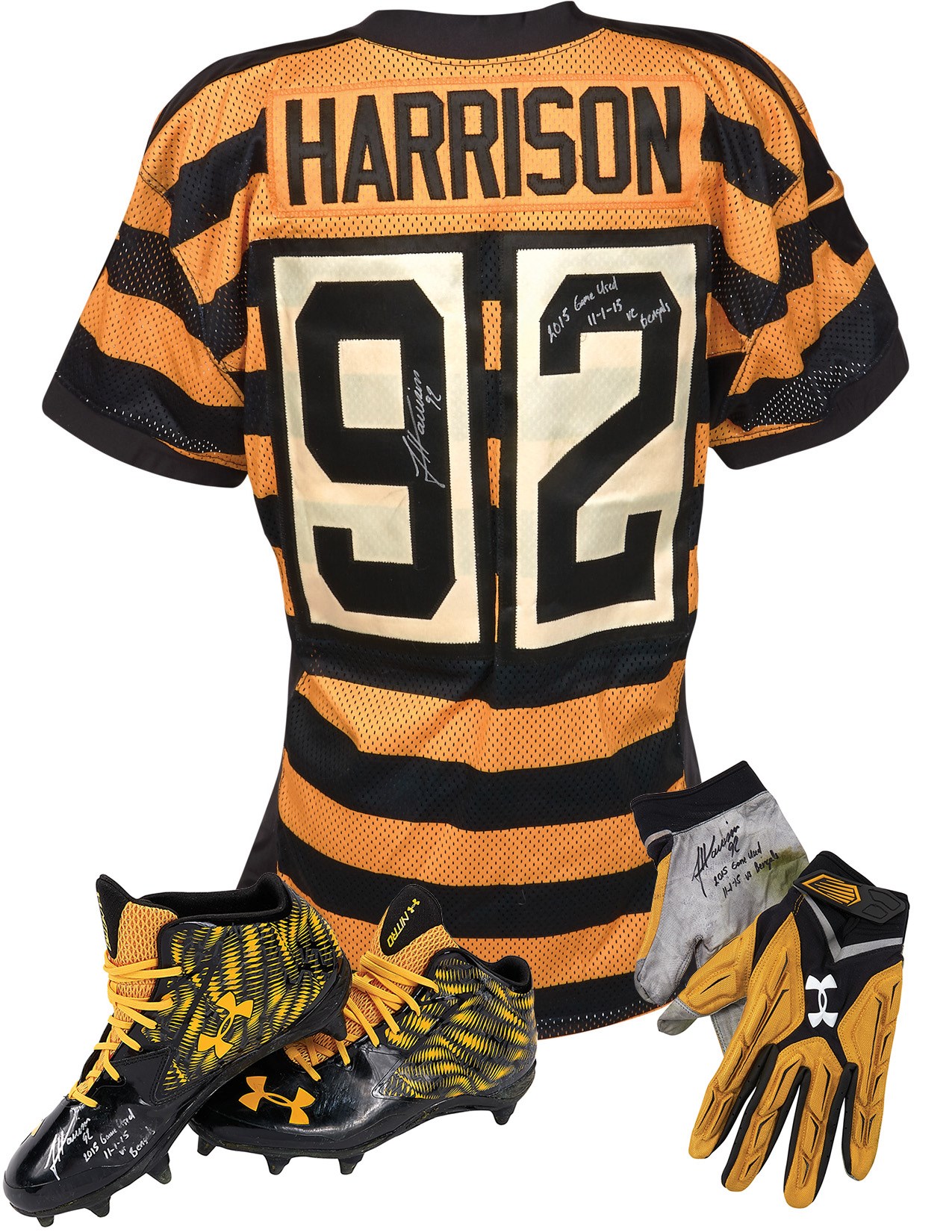 - 2015 James Harrison Pittsburgh Steelers Game Worn "Bumble Bee" Style Jersey with Cleats and Gloves from Harrison (Photo-Matched)