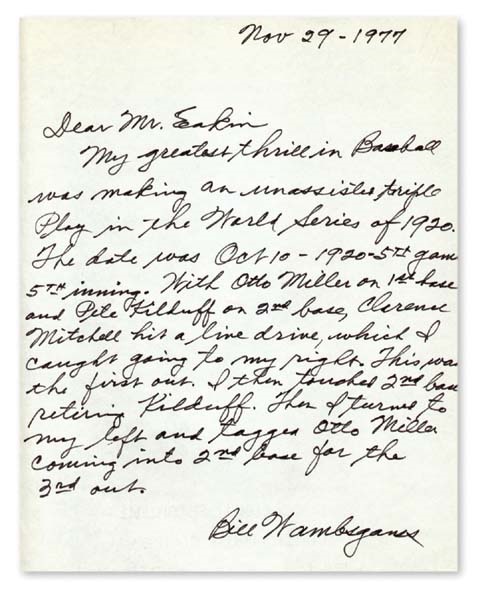 - 1977 Bill Wambsganss Greatest Thrill Handwritten Letter