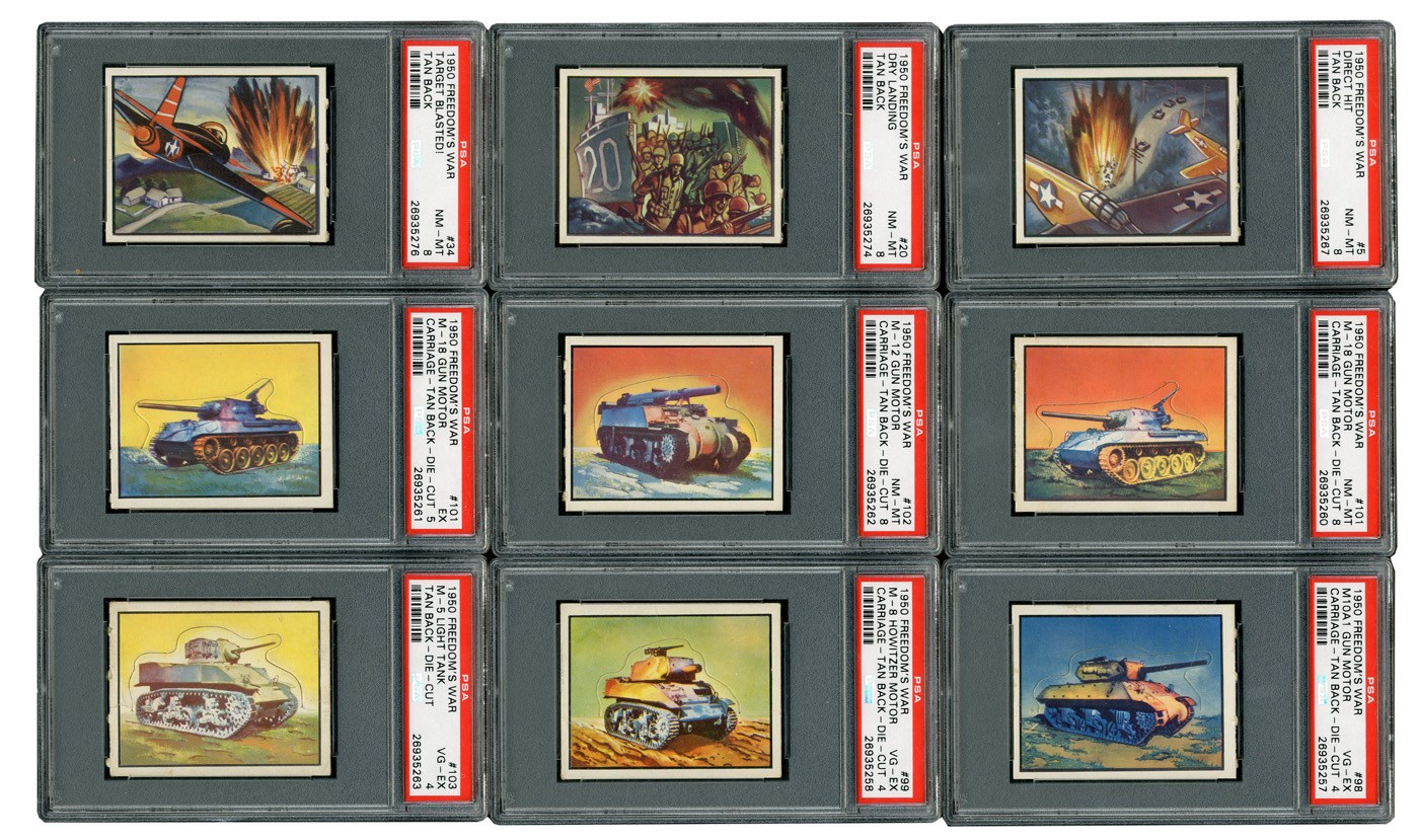 - 1950 Topps Freedom’s War Complete Set (203) plus 142 Gray Back variations with all PSA Graded Die Cut TANK cards