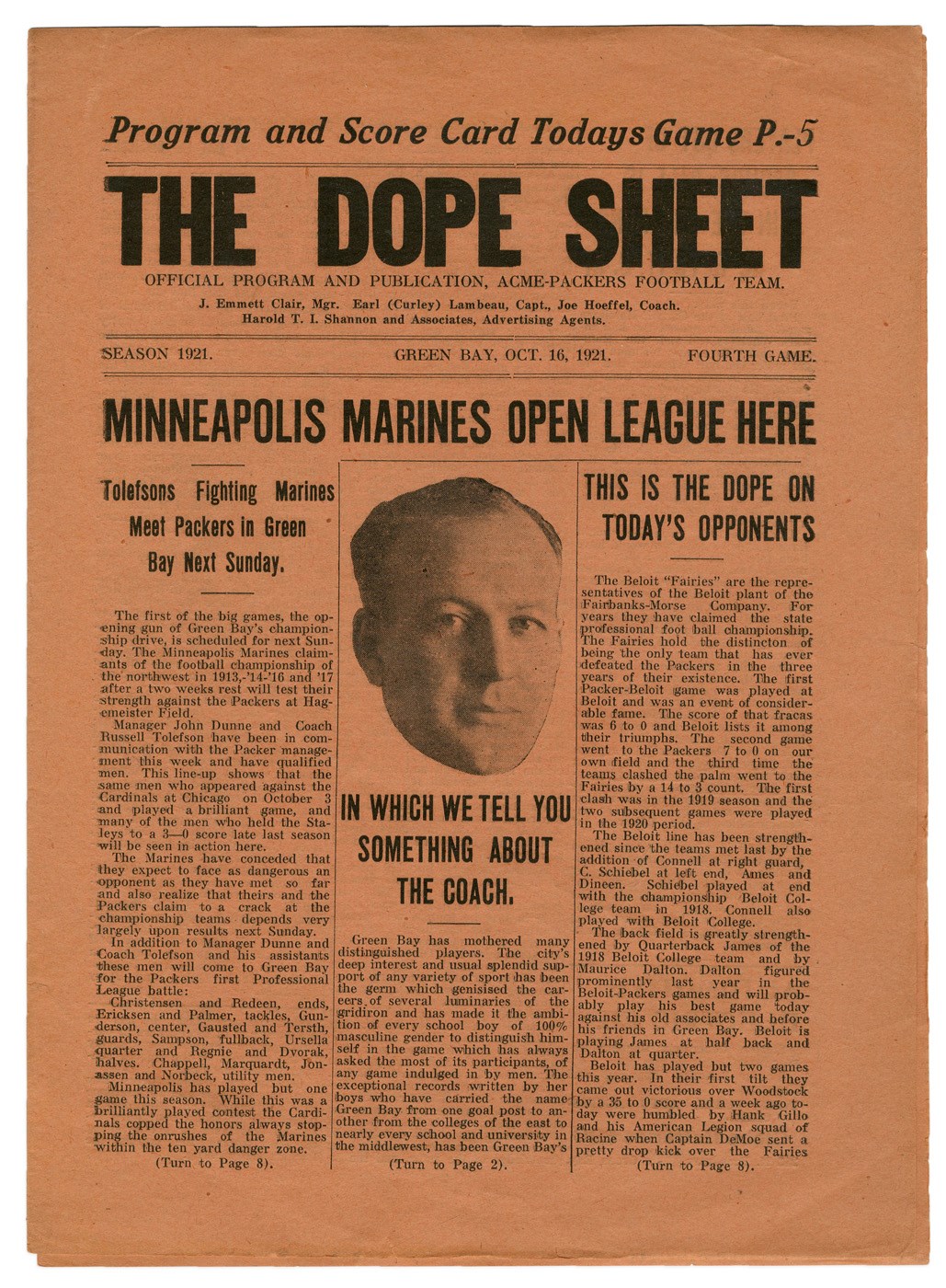 - 1921 Green Bay Packers Program - Second Ever & One of the Finest Known "Dope Sheets"