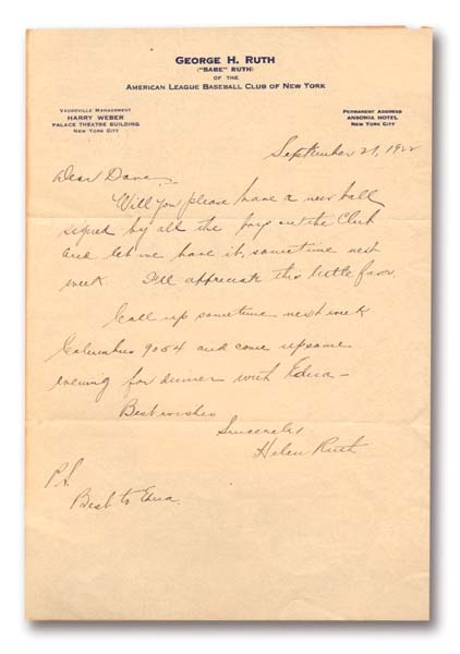 Babe Ruth - 1922 Helen Ruth Handwritten Letter