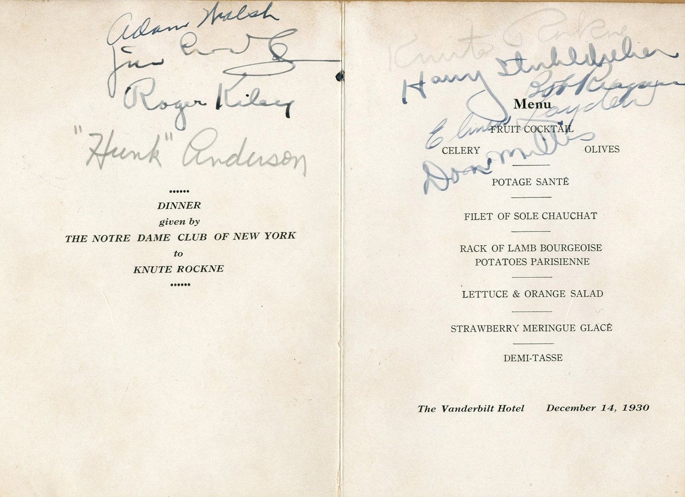 - Knute Rockne & The Four Horseman Signed FINAL GAME Dinner Program from "The Gipper’s" Roommate