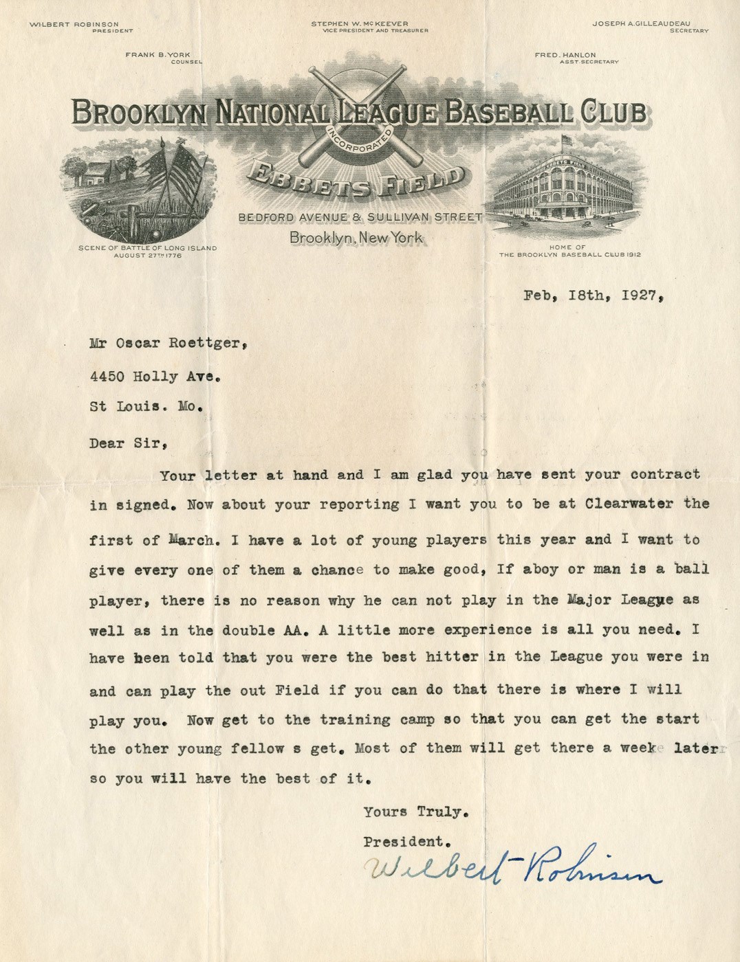 - 1927 Wilbert Robinson Brooklyn Robins Letter to Player Oscar Roettger (JSA)