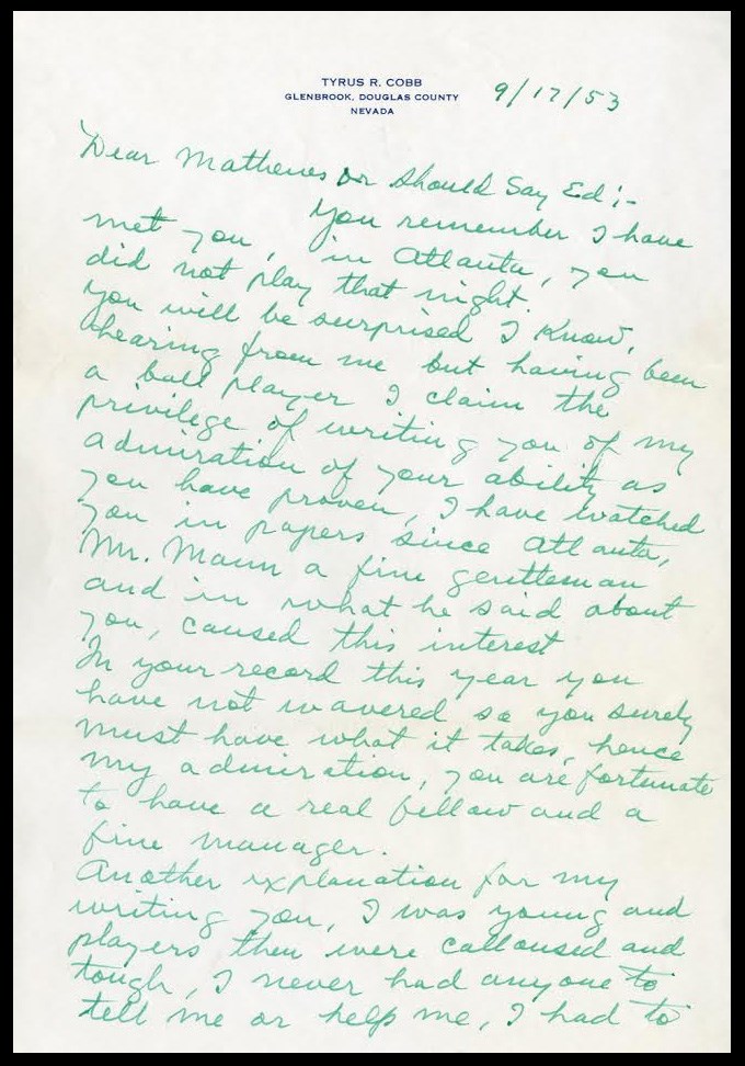 - 1953 Ty Cobb "Alchoholism" Letter to Eddie Mathews (PSA)