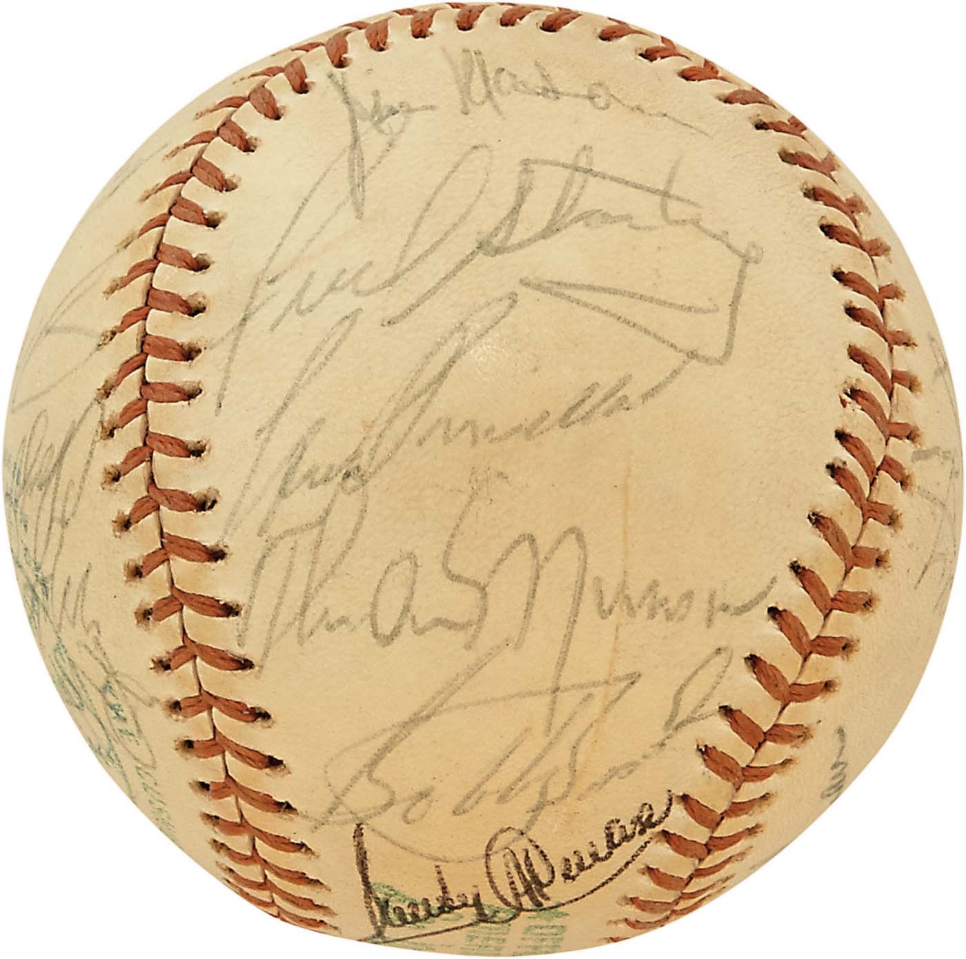 NY Yankees, Giants & Mets - 1975 New York Yankees Team-Signed Baseball with Thurman Munson (PSA)