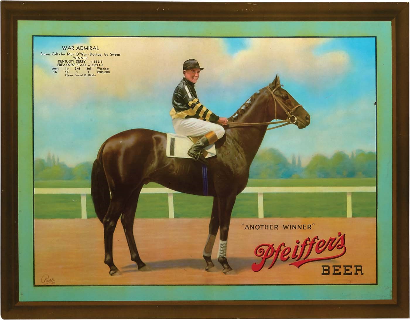 Finest Known 1939 War Admiral Pfeiffer Beer Litho Tin Sign