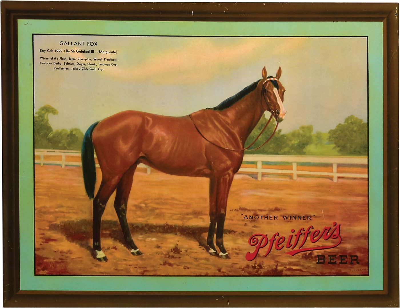 Horse Racing - Finest Known 1939 Gallant Fox Pfeiffer Beer Litho Tin Sign