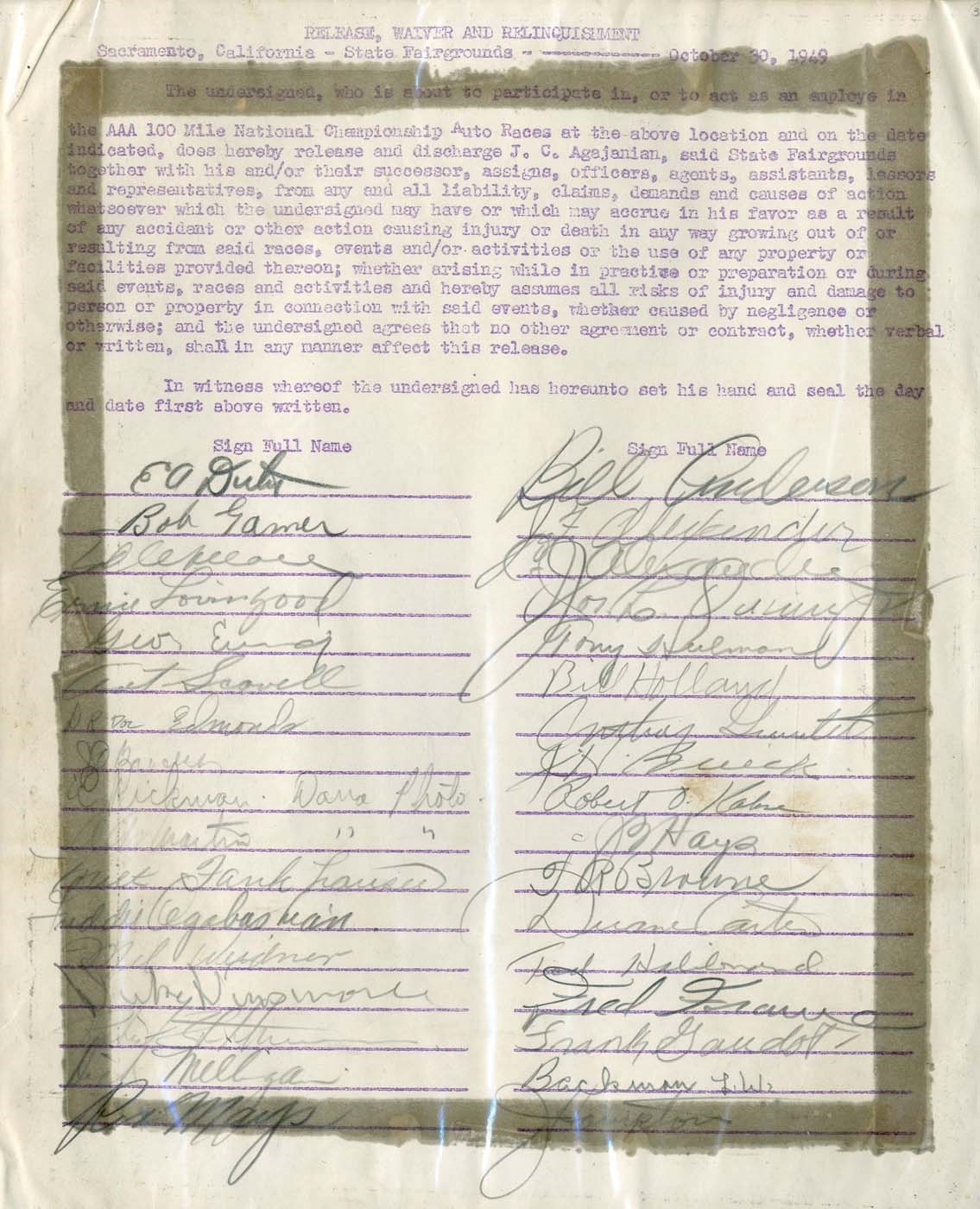 - 1949 Golden State 100 Championship Race Release Forms Signed by 136 w/Rex Mays - One Week Before Mays' Fatal Crash (PSA)