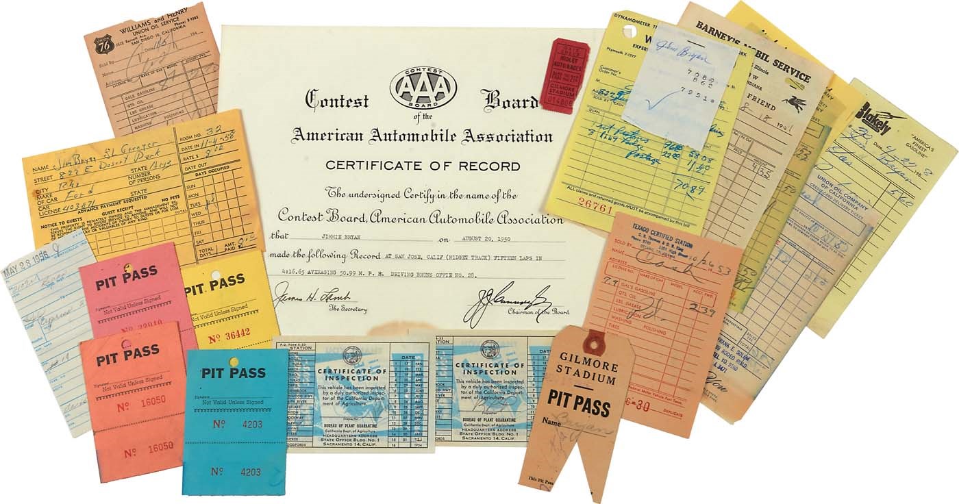 - Interesting 1940s-50s Jimmy Bryan Collection with Autograph, Receipts & Certificates - Sourced from Len Gasper Collection (20+)