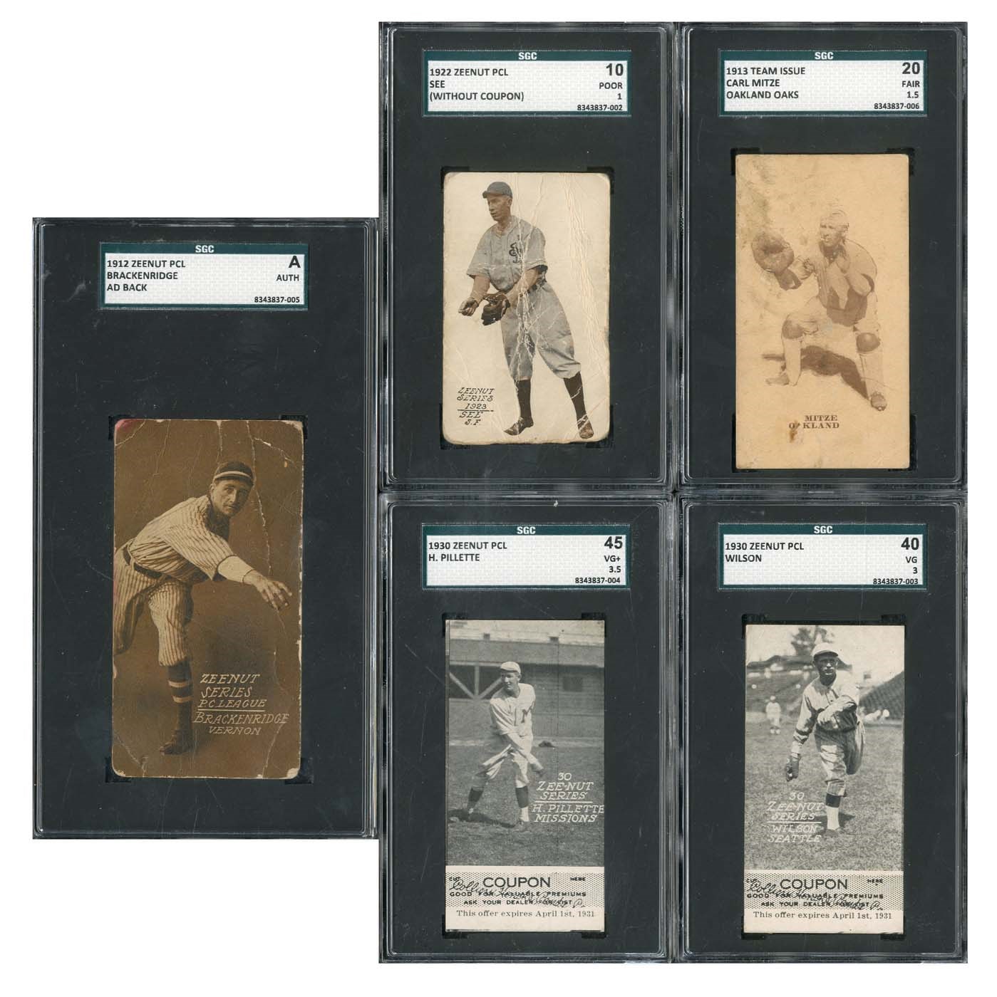 Baseball and Trading Cards - 1912-27 Zeenut Collection - two with Tabs and SGC Graded (45)