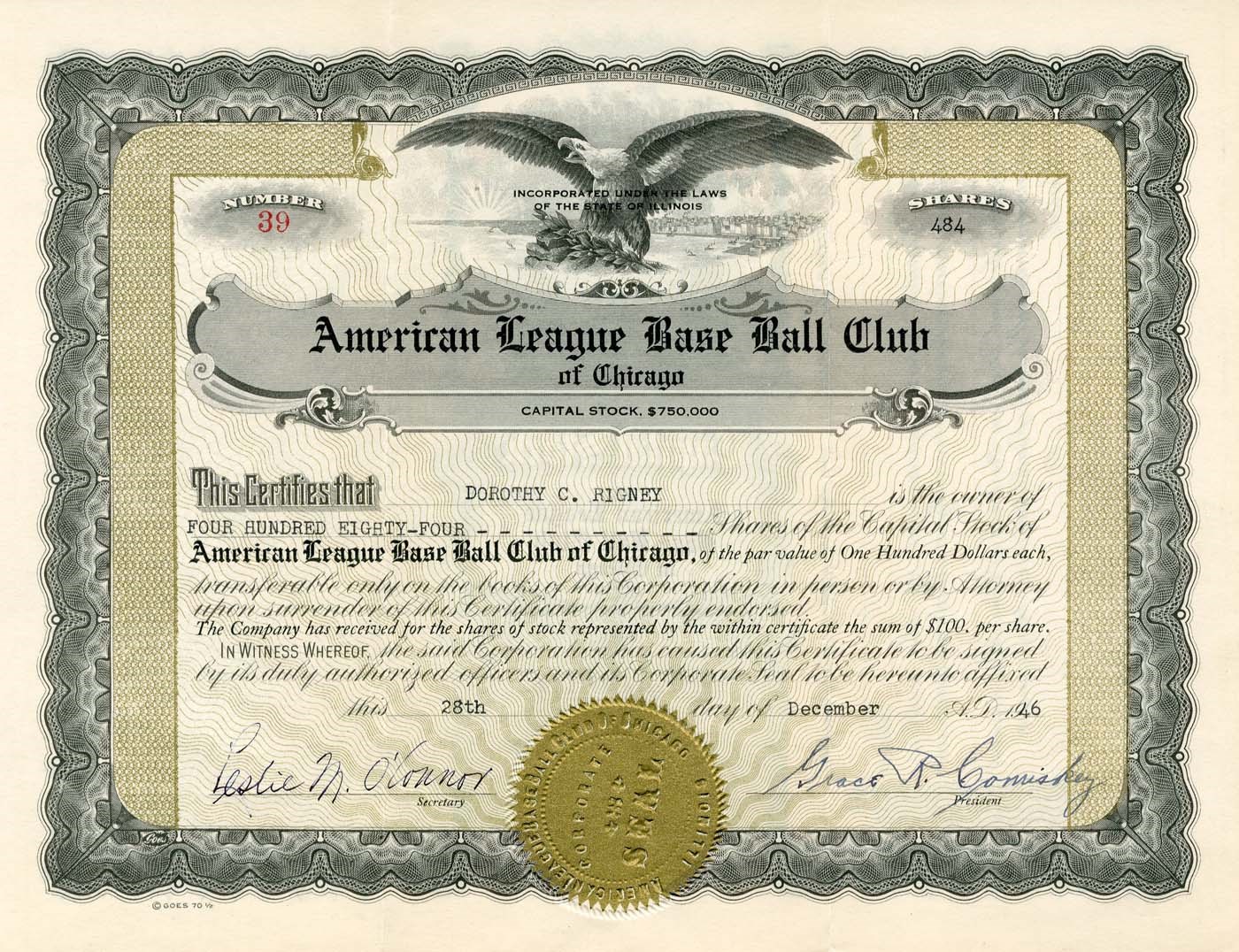 Baseball Memorabilia - 1946 Chicago White Sox Stock Certificates Owned by Comiskey Family (3)