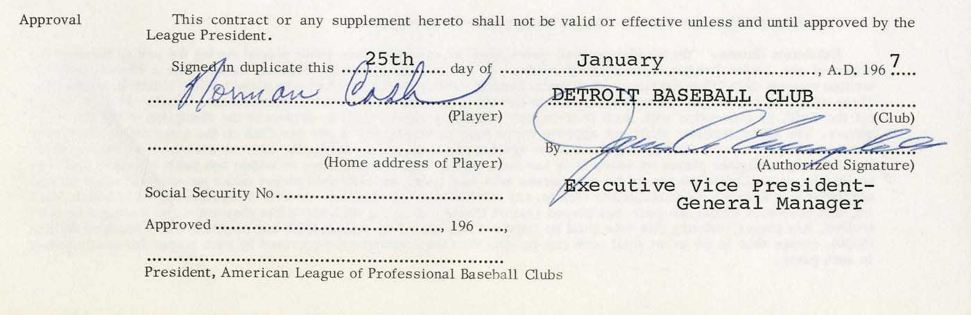 Ty Cobb and Detroit Tigers - 1967 Norm Cash Signed Detroit Tigers Contract (PSA)
