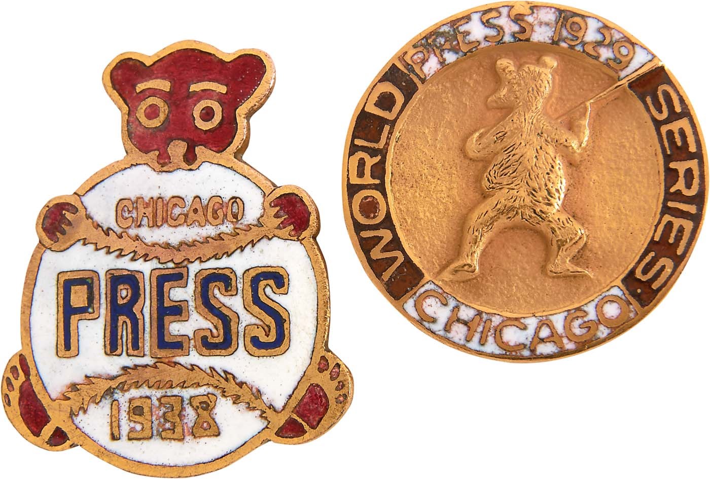 Chicago Cubs & Wrigley Field - 1929 and 1938 Chicago Cubs World Series Press Pins (2)