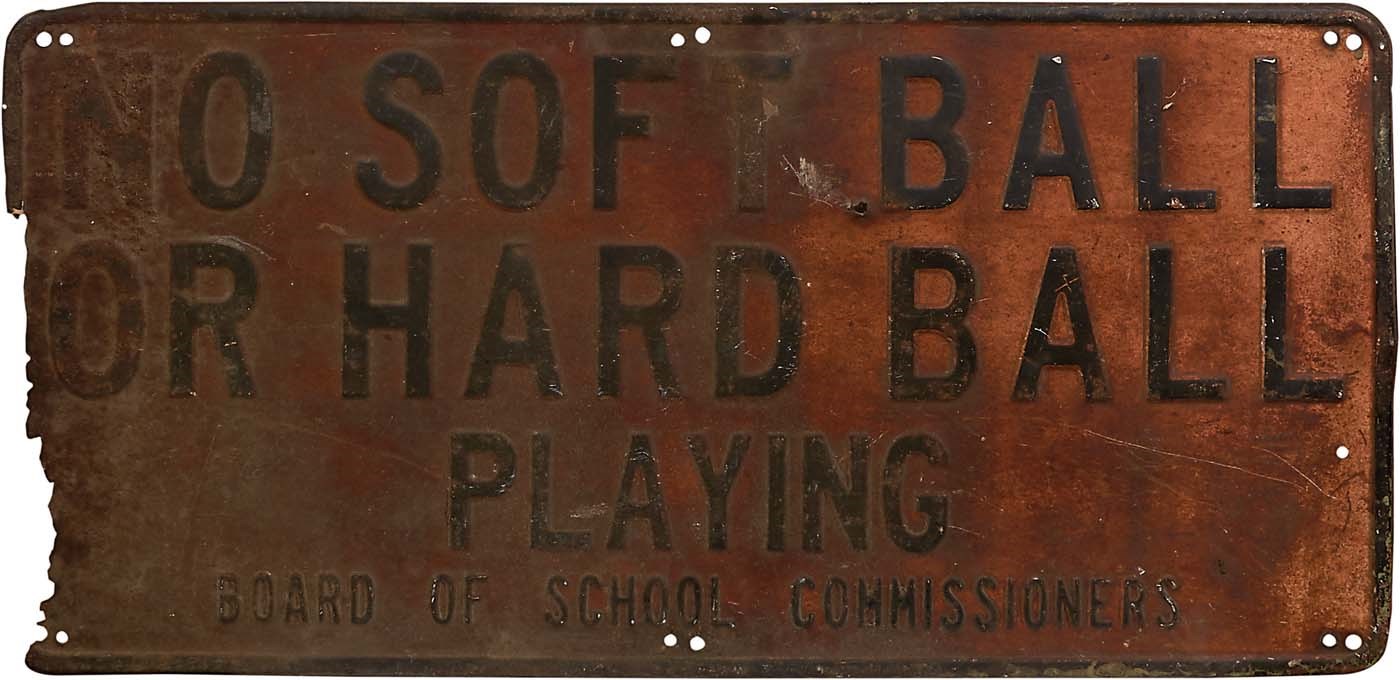 Stadium Artifacts - 1950s "No Soft Ball Or Hard Ball" Baseball Sign