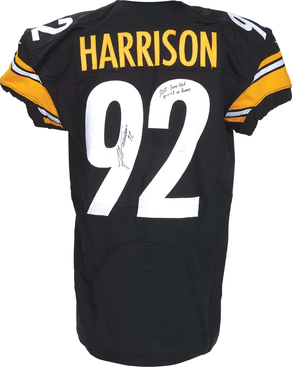 - October 1, 2015 James Harrison Pittsburgh Steelers Game Worn Jersey, Cleats and Gloves