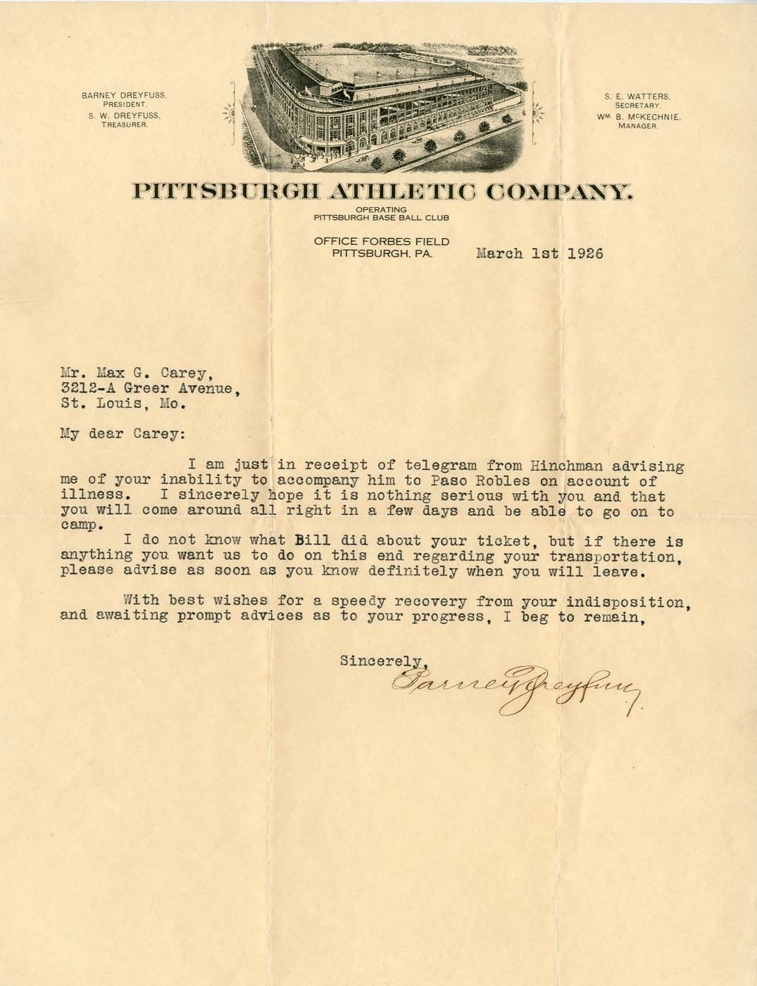 Clemente and Pittsburgh Pirates - 1926 Barney Dreyfuss Signed Letter to Max Carey (PSA & SGC)